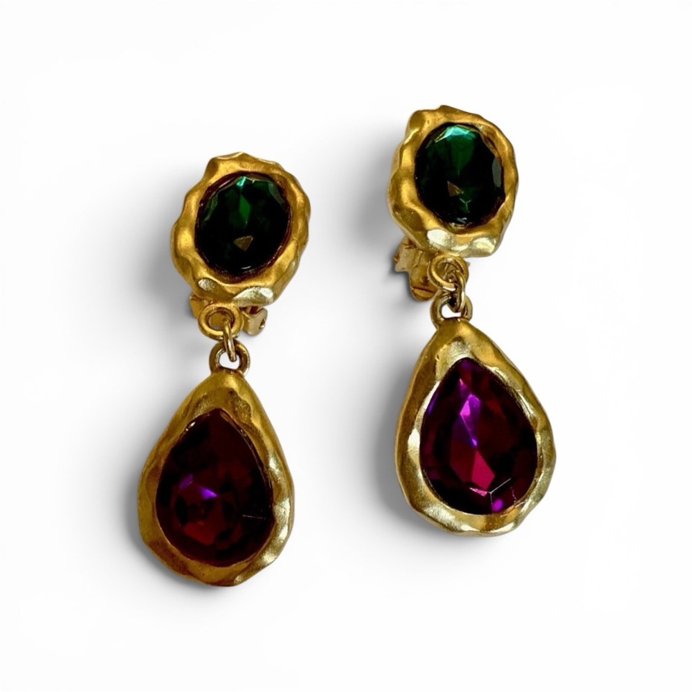 Ellen Designs Vintage Clip On Earrings Purple Green Teardrop Cabochon Gold Tone